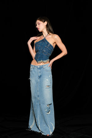 Distressed Denim Maxi Skirt