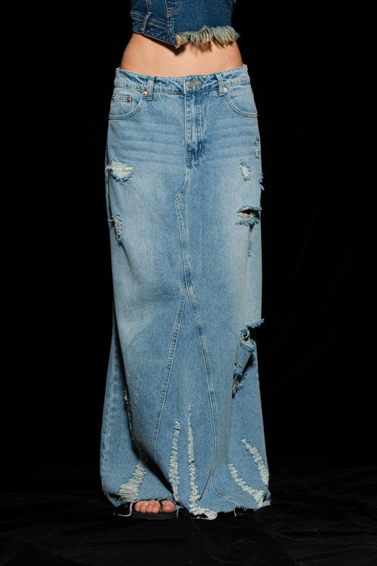 Distressed Denim Maxi Skirt