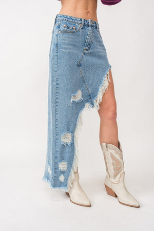 Uneven distressed denim skirt