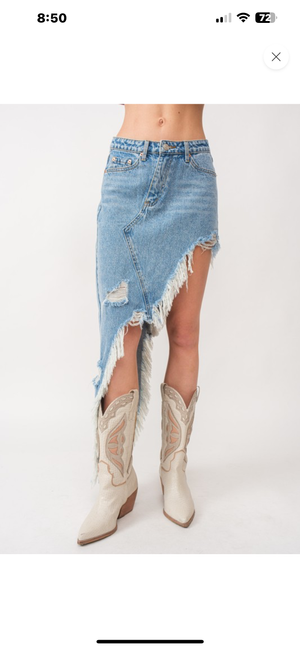 Uneven distressed denim skirt