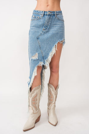 Uneven distressed denim skirt