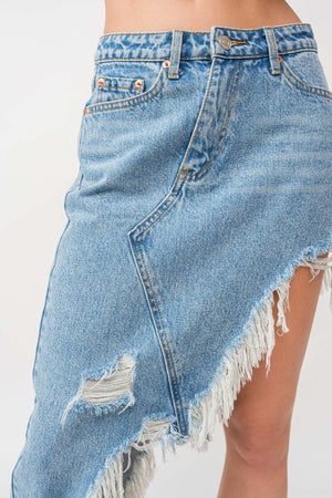 Uneven distressed denim skirt